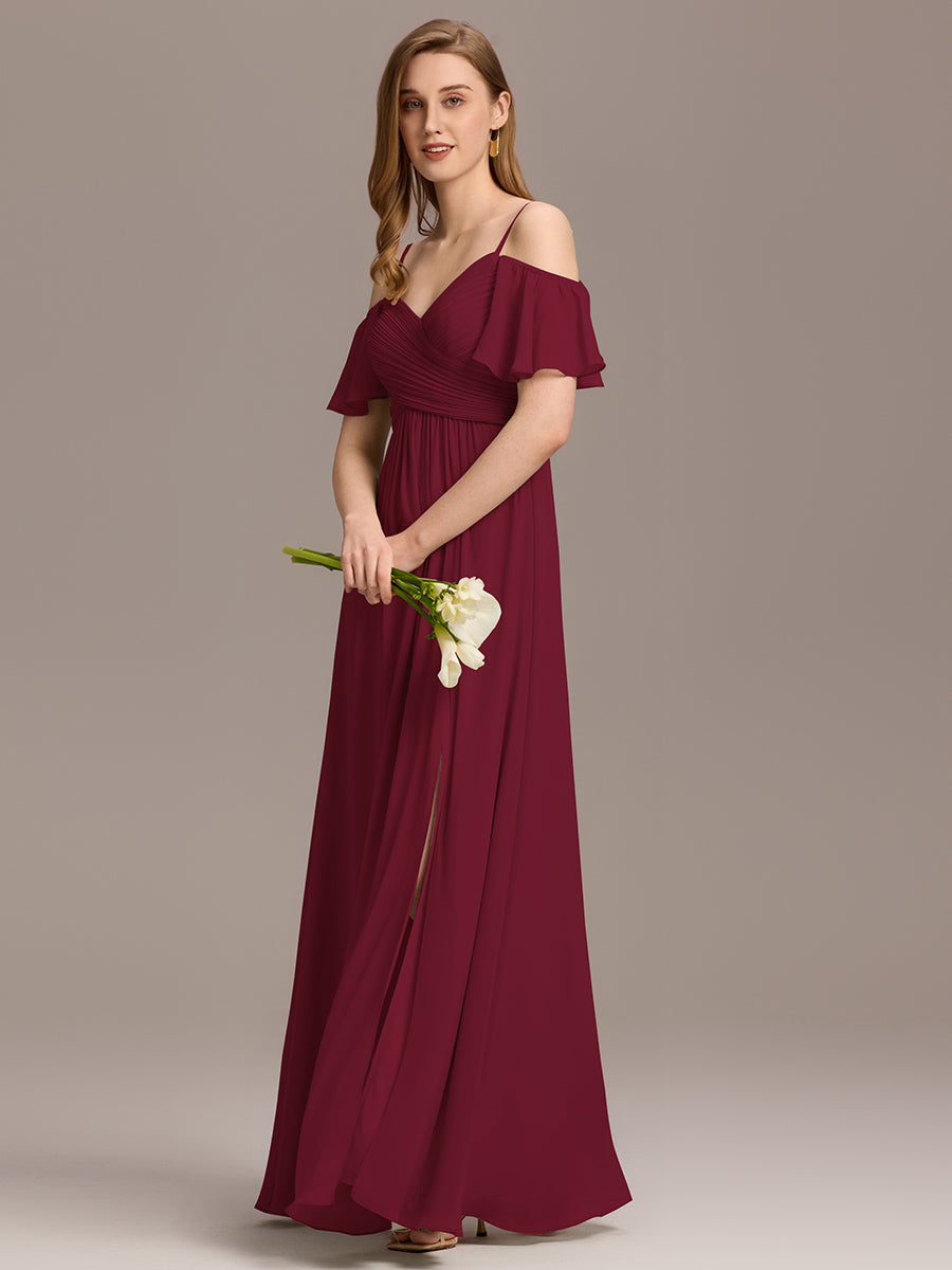Color=Burgundy | Short Sleeve Off Shoulder Pleated A-Line Split Floor-Length Bridesmaid Dresses-Burgundy 4