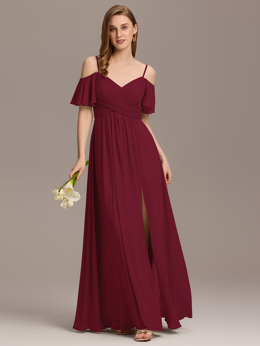 Color=Burgundy | Short Sleeve Off Shoulder Pleated A-Line Split Floor-Length Bridesmaid Dresses-Burgundy 5