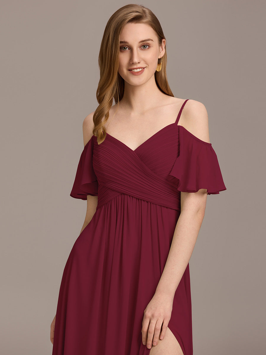 Color=Burgundy | Short Sleeve Off Shoulder Pleated A-Line Split Floor-Length Bridesmaid Dresses-Burgundy 3