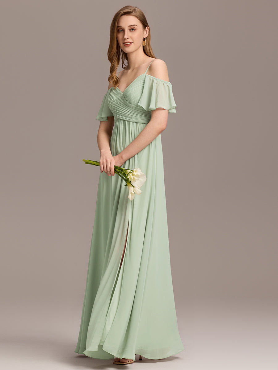 Color=Mint Green | Short Sleeve Off Shoulder Pleated A-Line Split Floor-Length Bridesmaid Dresses-Mint Green 9