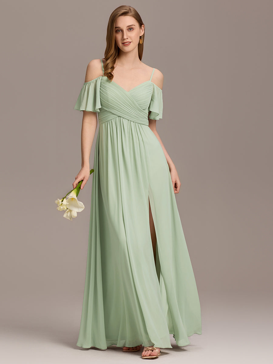 Color=Mint Green | Short Sleeve Off Shoulder Pleated A-Line Split Floor-Length Bridesmaid Dresses-Mint Green 10