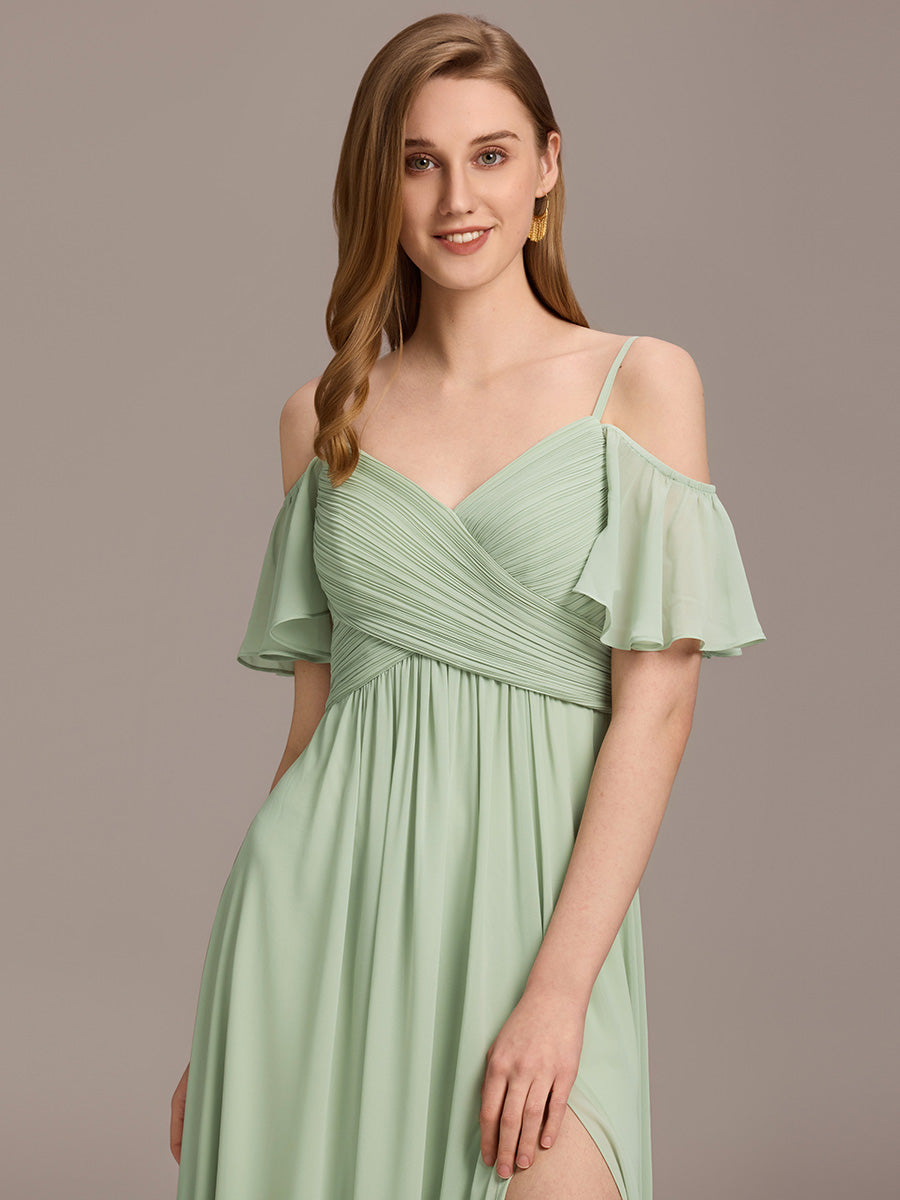 Color=Mint Green | Short Sleeve Off Shoulder Pleated A-Line Split Floor-Length Bridesmaid Dresses-Mint Green 8