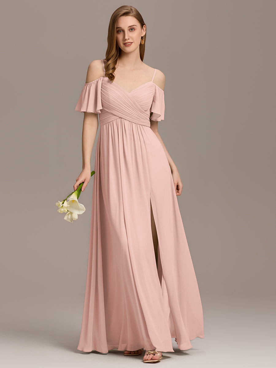 Color=Pink | Short Sleeve Off Shoulder Pleated A-Line Split Floor-Length Bridesmaid Dresses-Pink 15