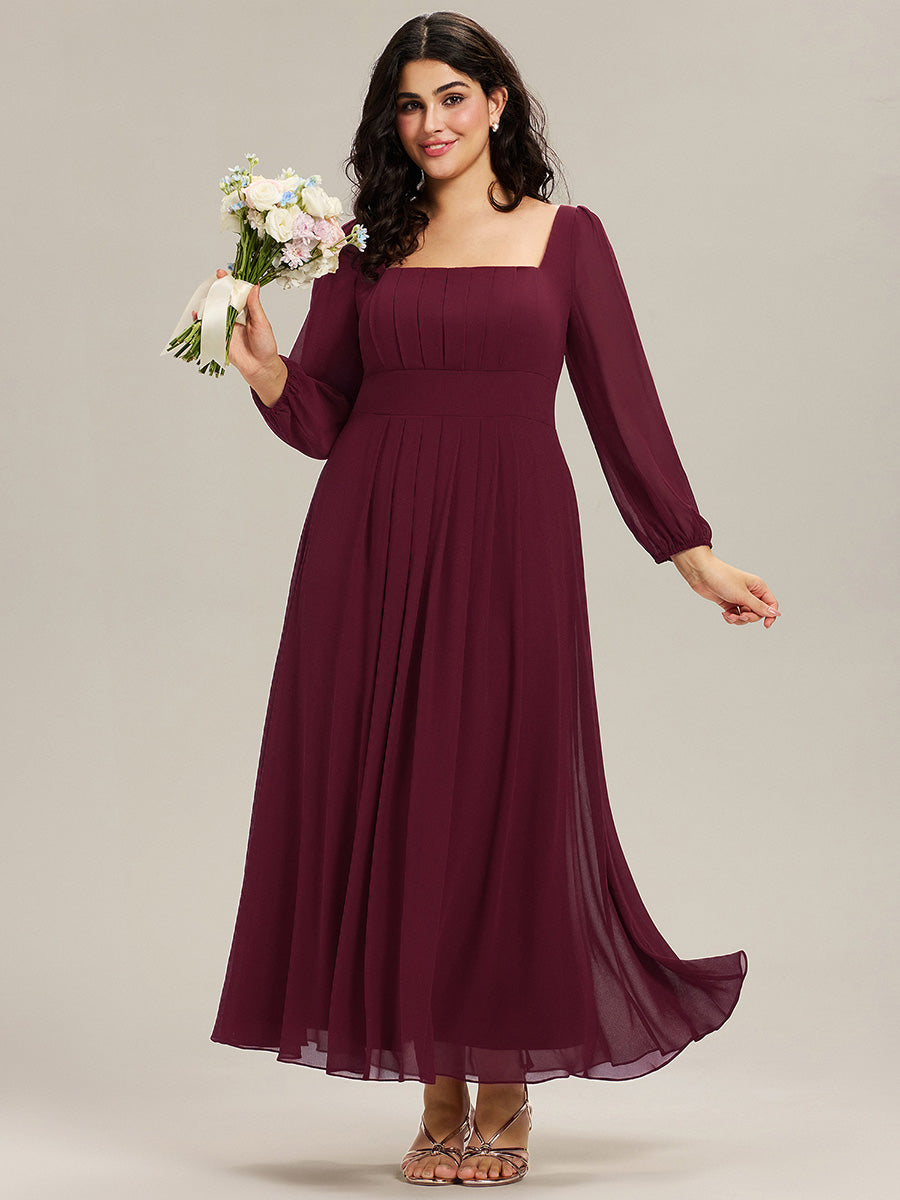 Color=Burgundy | Volume Discounts Long Sleeve Ruched A-Line Maxi Dress with Square Neck | Bridesmaid Dresses-Burgundy 6
