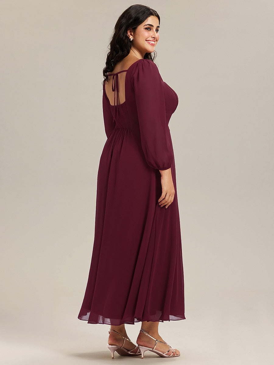 Color=Burgundy | Volume Discounts Long Sleeve Ruched A-Line Maxi Dress with Square Neck | Bridesmaid Dresses-Burgundy 7