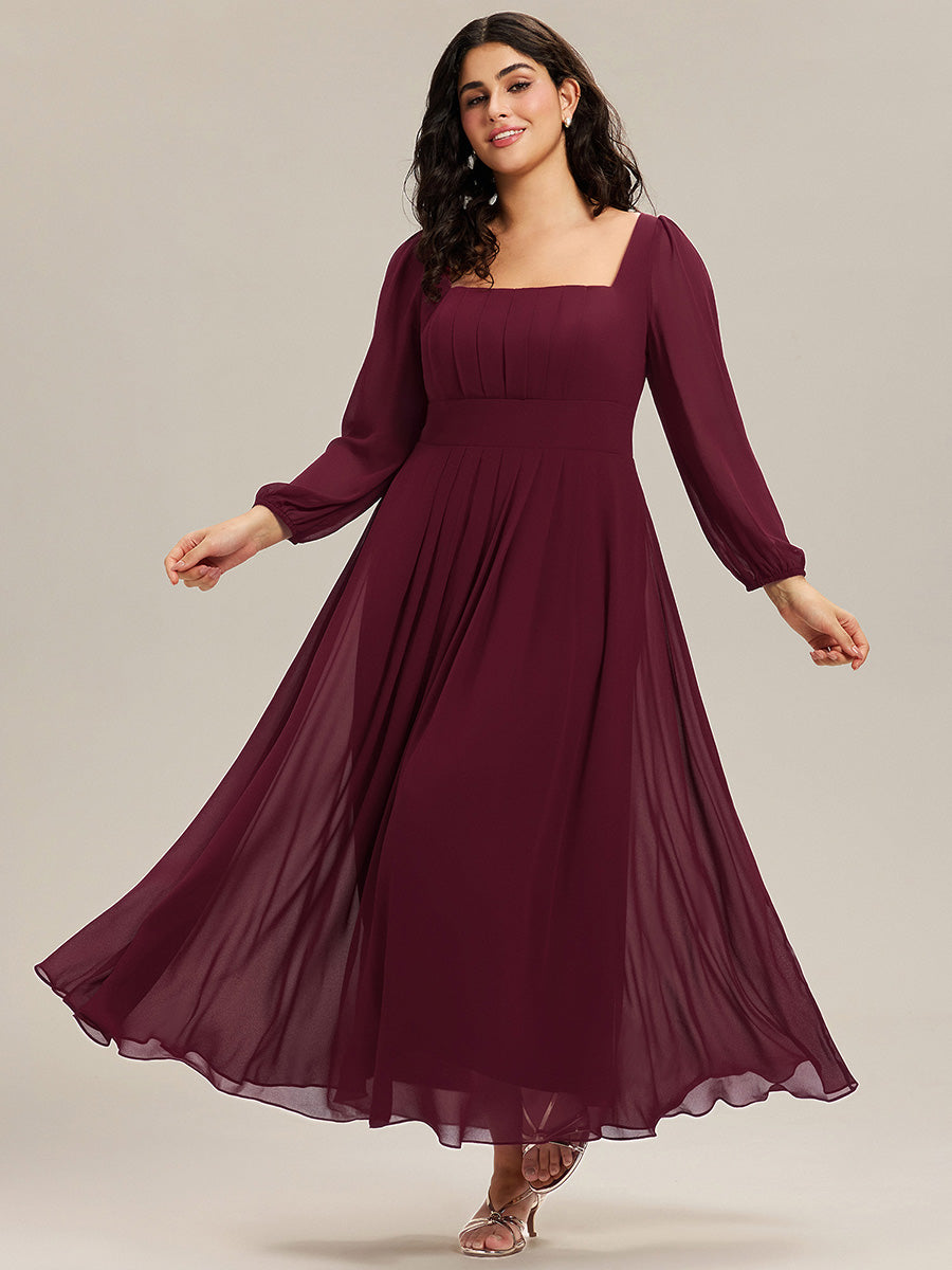 Color=Burgundy | Volume Discounts Long Sleeve Ruched A-Line Maxi Dress with Square Neck | Bridesmaid Dresses-Burgundy 9