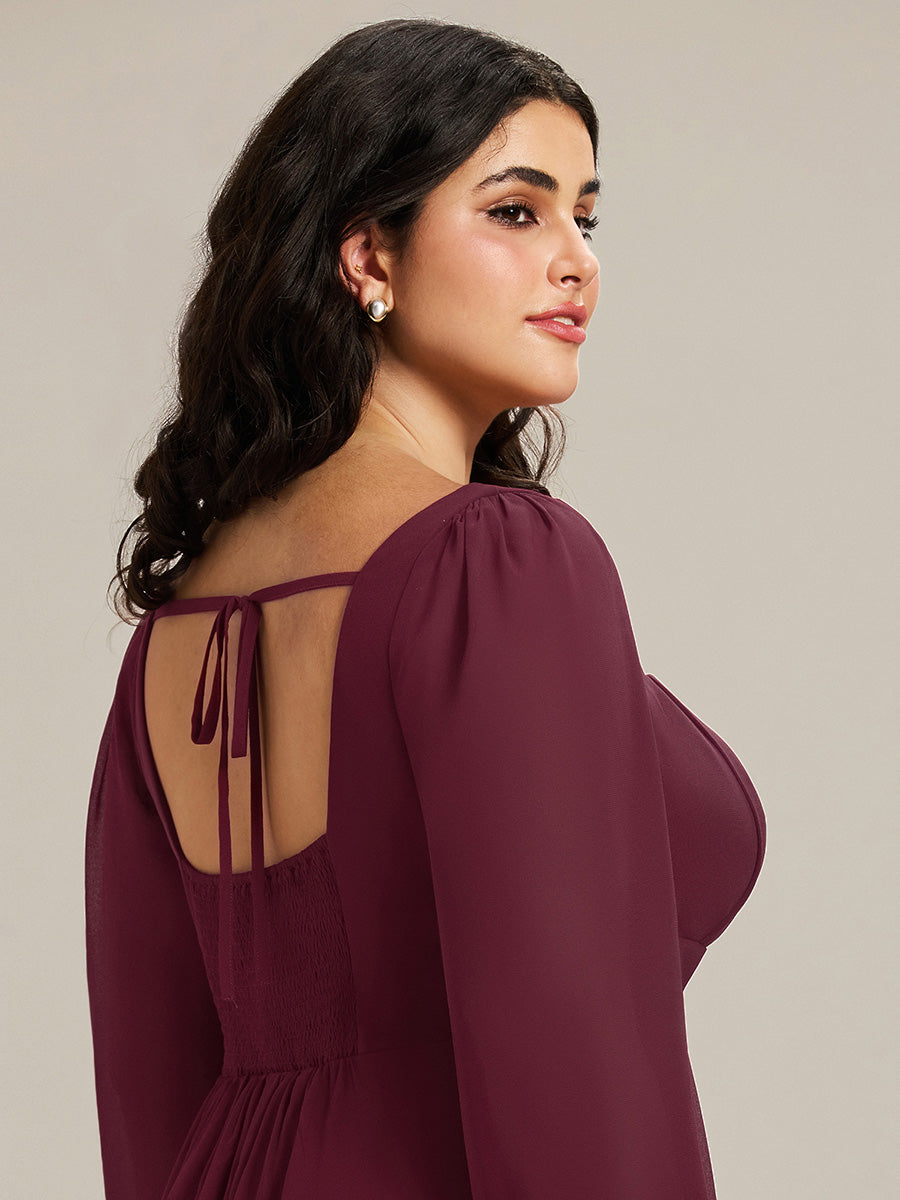 Color=Burgundy | Volume Discounts Long Sleeve Ruched A-Line Maxi Dress with Square Neck | Bridesmaid Dresses-Burgundy 8