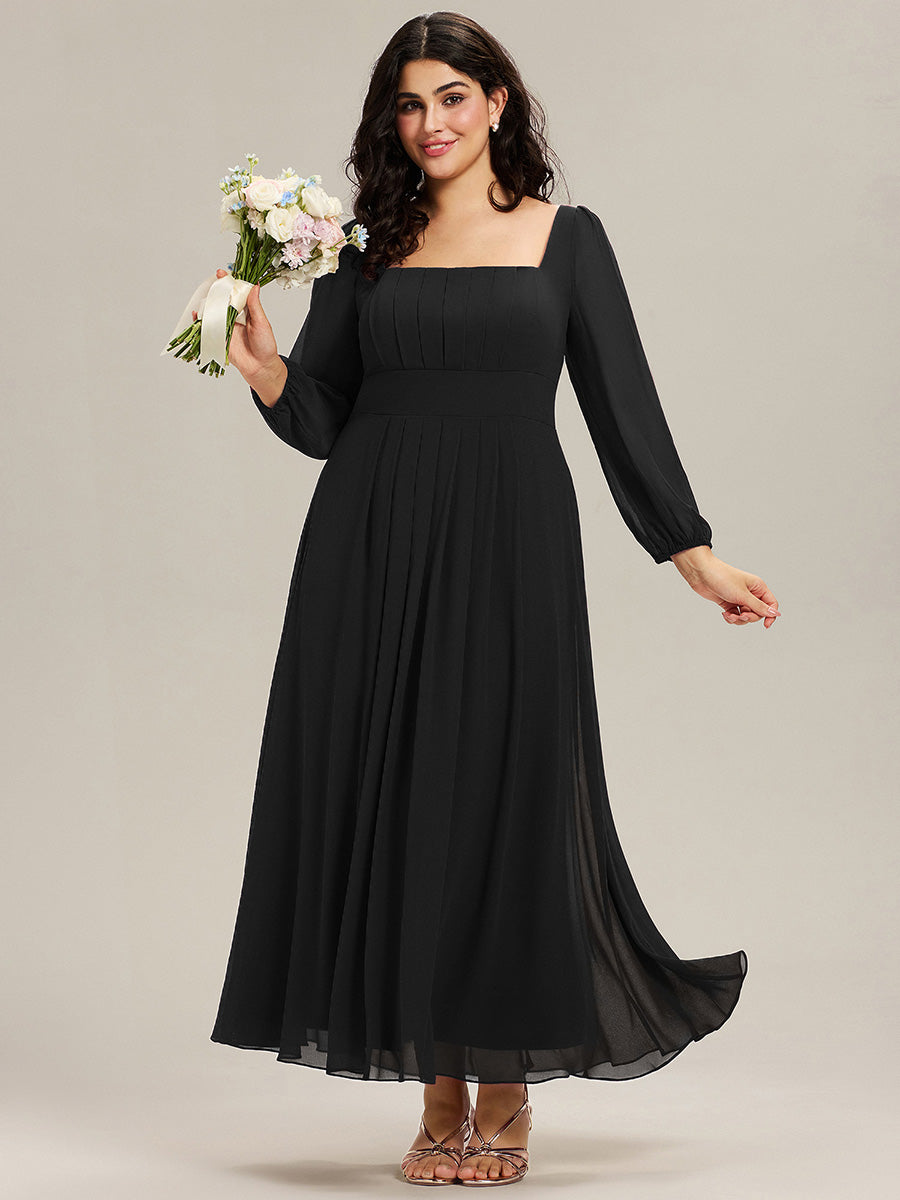 Color=Black | Volume Discounts Long Sleeve Ruched A-Line Maxi Dress with Square Neck | Bridesmaid Dresses-Black 16