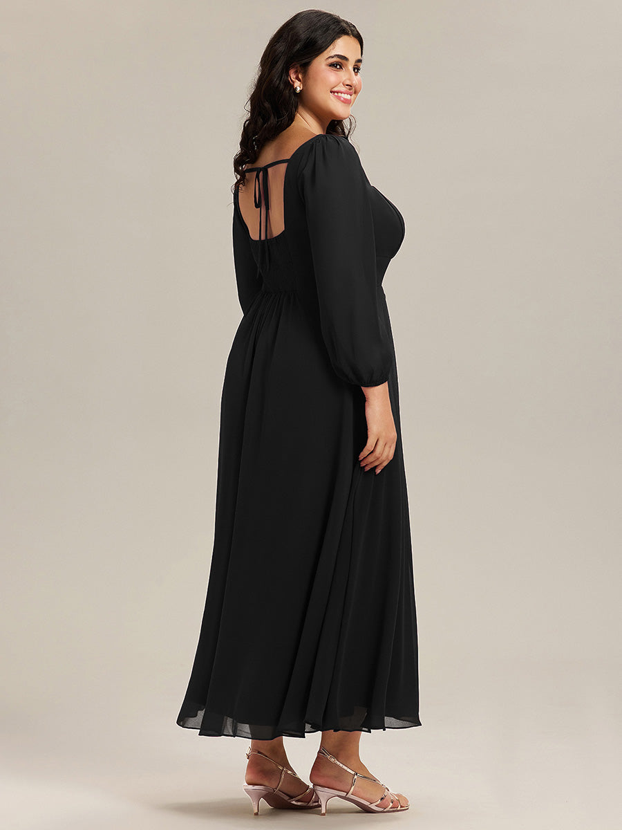 Color=Black | Volume Discounts Long Sleeve Ruched A-Line Maxi Dress with Square Neck | Bridesmaid Dresses-Black 17