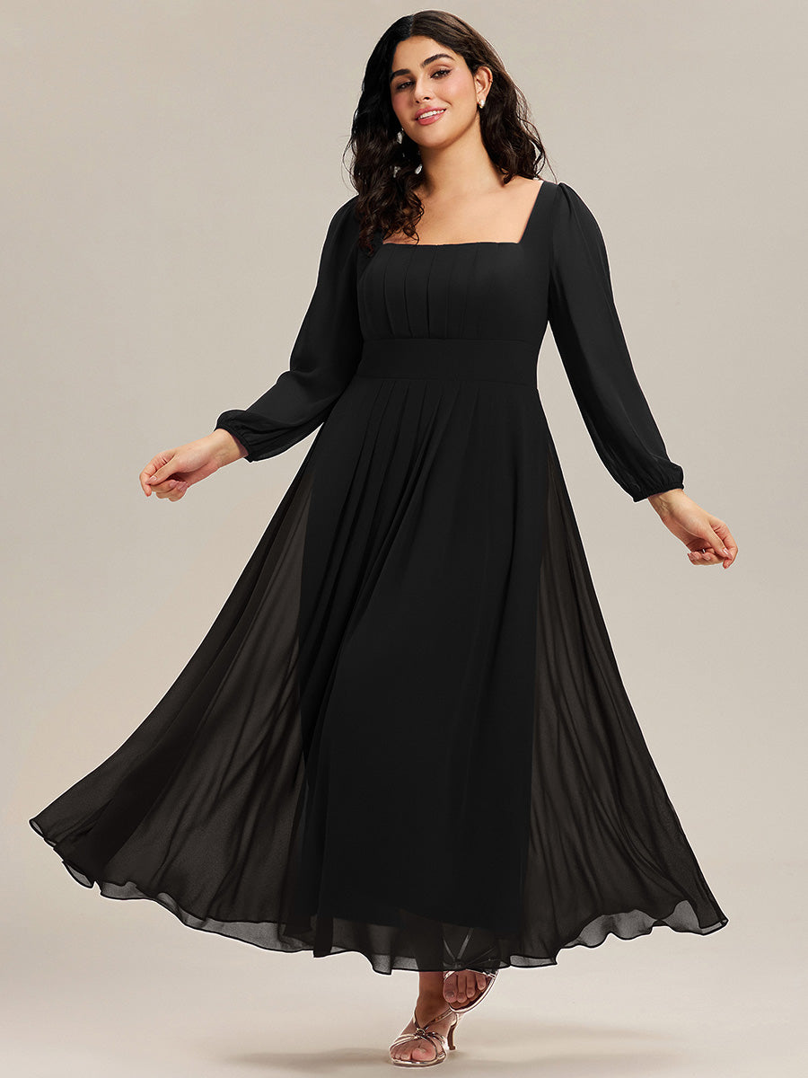 Color=Black | Volume Discounts Long Sleeve Ruched A-Line Maxi Dress with Square Neck | Bridesmaid Dresses-Black 19