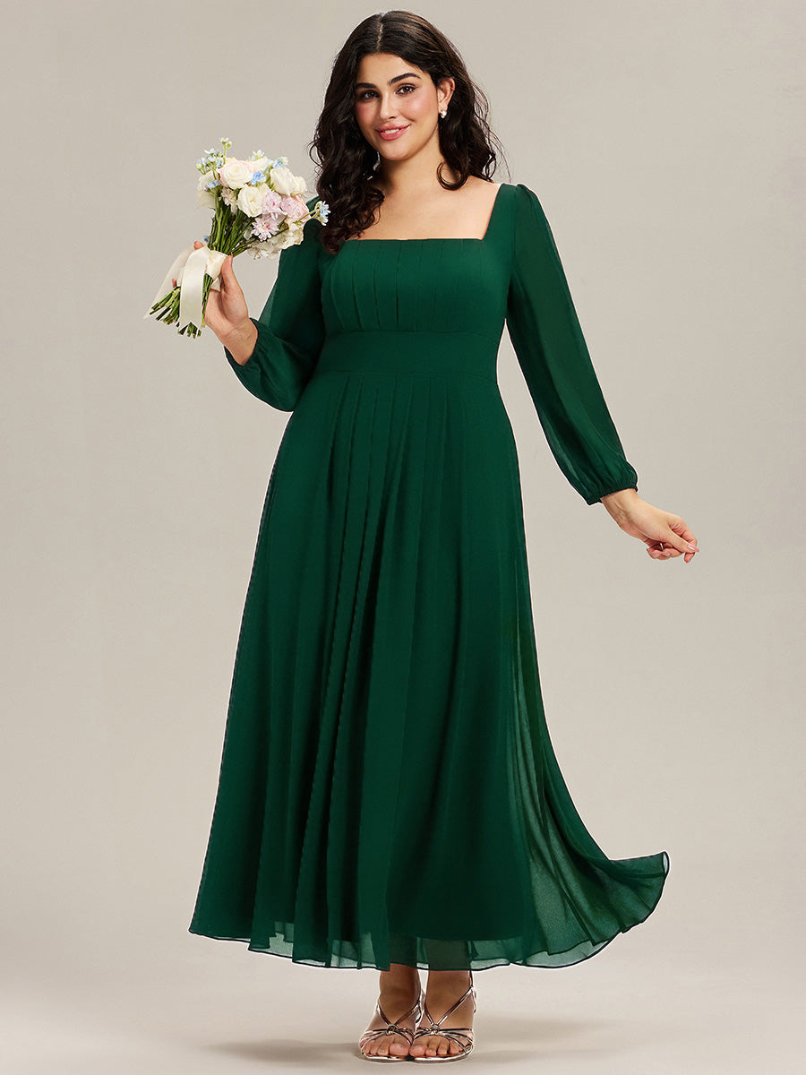 Color=Dark Green | Wholesale Pricing Long Sleeve Ruched A-Line Maxi Dress with Square Neck | Bridesmaid Dresses-Dark Green 6