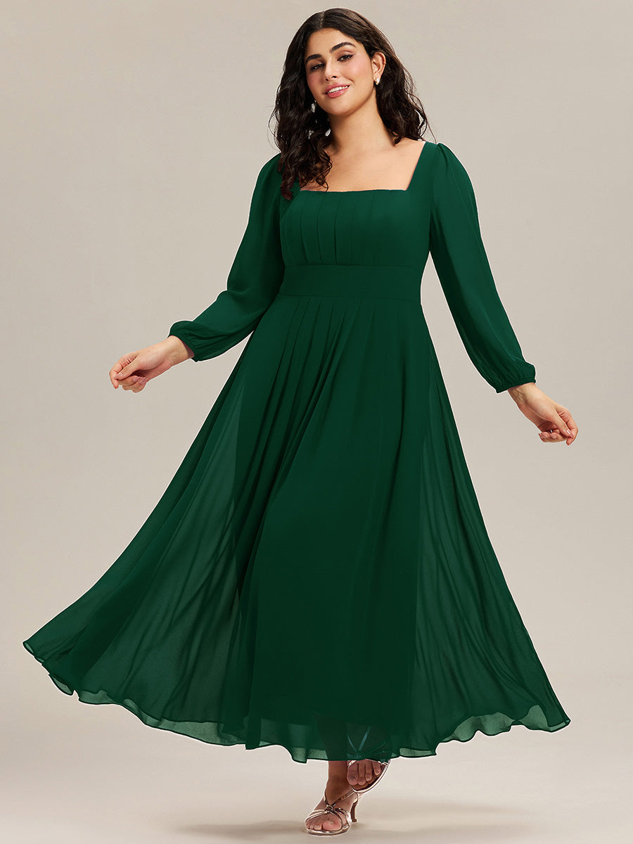 Color=Dark Green | Wholesale Pricing Long Sleeve Ruched A-Line Maxi Dress with Square Neck | Bridesmaid Dresses-Dark Green 9