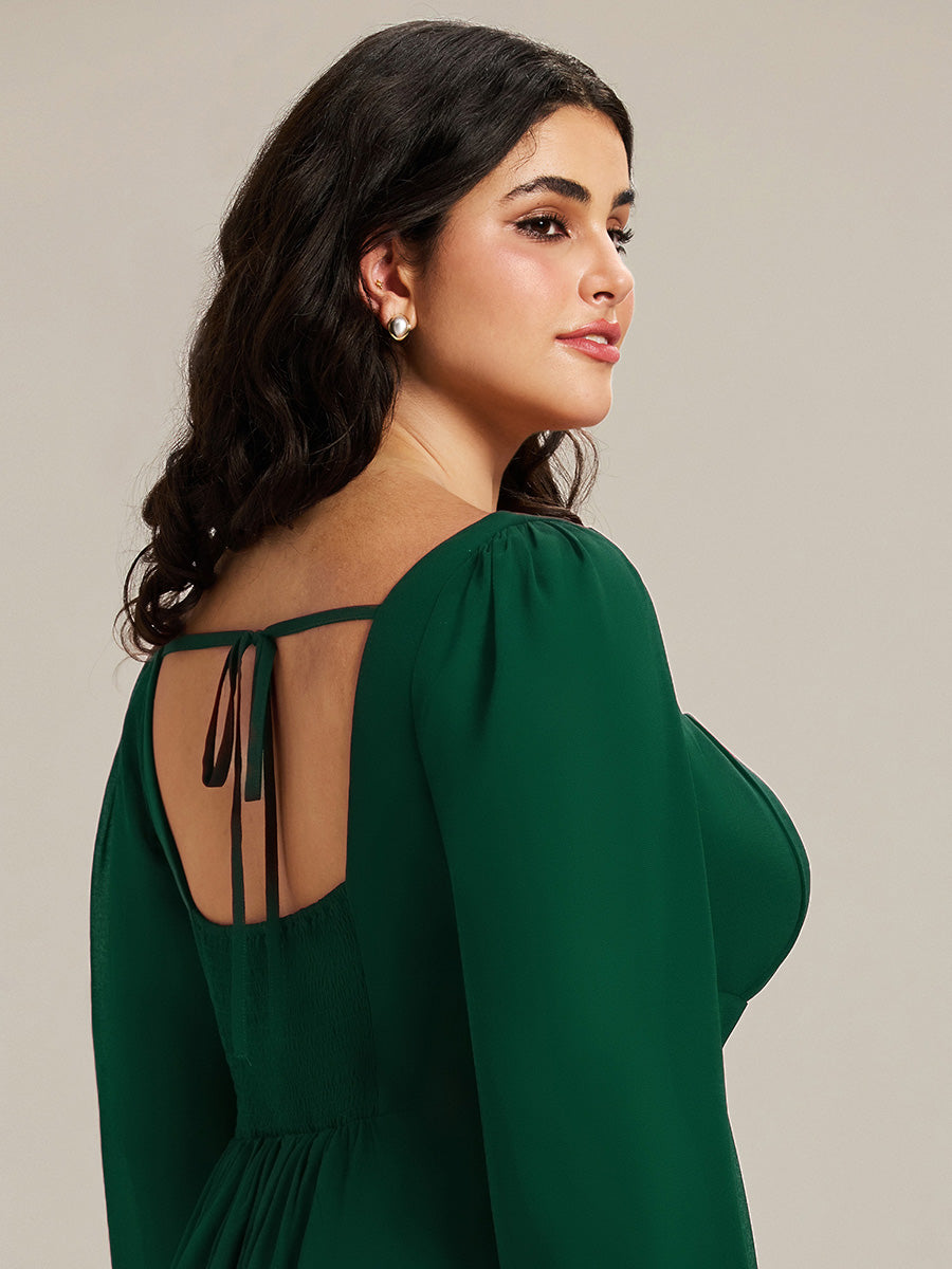 Color=Dark Green | Wholesale Pricing Long Sleeve Ruched A-Line Maxi Dress with Square Neck | Bridesmaid Dresses-Dark Green 8