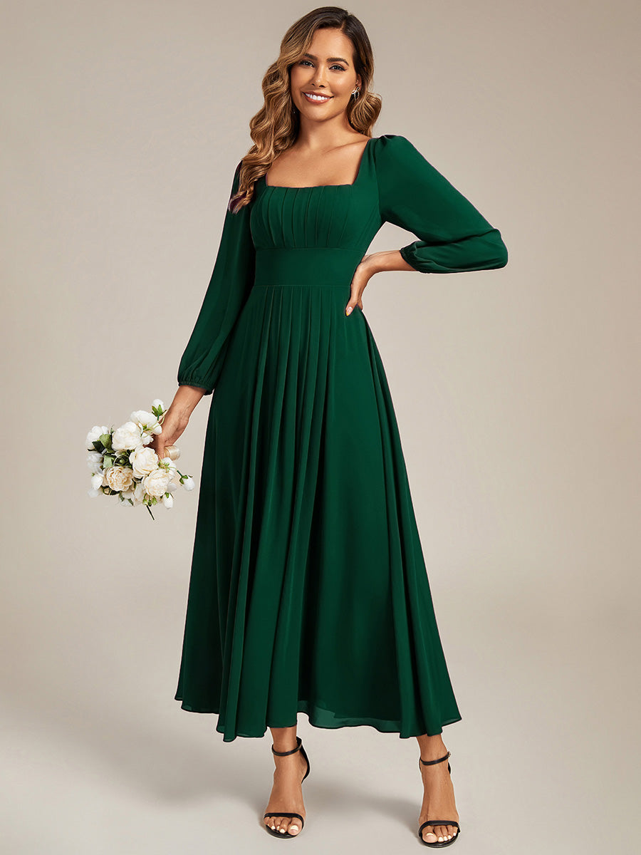 Color=Dark Green | Wholesale Pricing Long Sleeve Ruched A-Line Maxi Dress with Square Neck | Bridesmaid Dresses-Dark Green 5