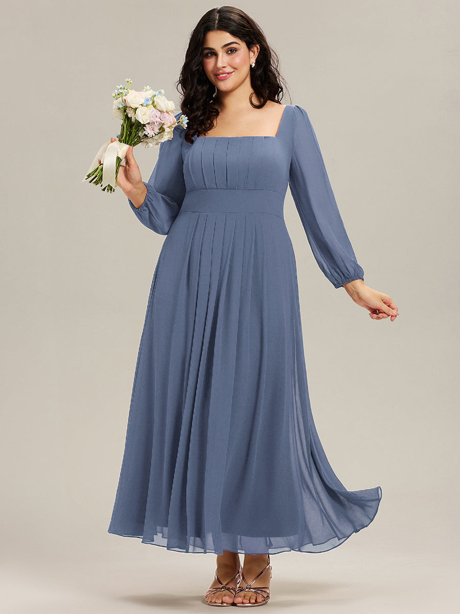 Color=Dusty Blue | Volume Discounts Long Sleeve Ruched A-Line Maxi Dress with Square Neck | Bridesmaid Dresses-Dusty Blue 26