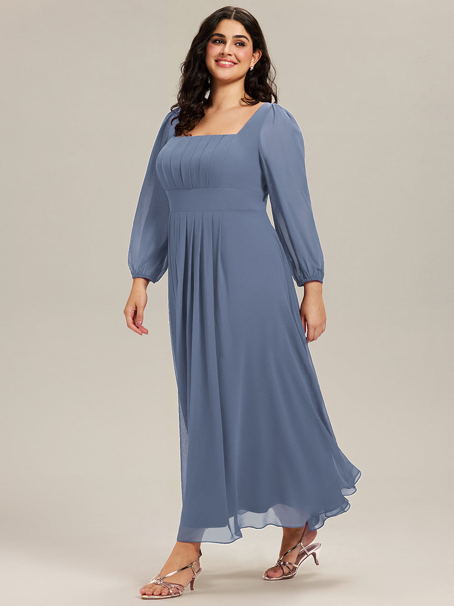 Color=Dusty Blue | Volume Discounts Long Sleeve Ruched A-Line Maxi Dress with Square Neck | Bridesmaid Dresses-Dusty Blue 30