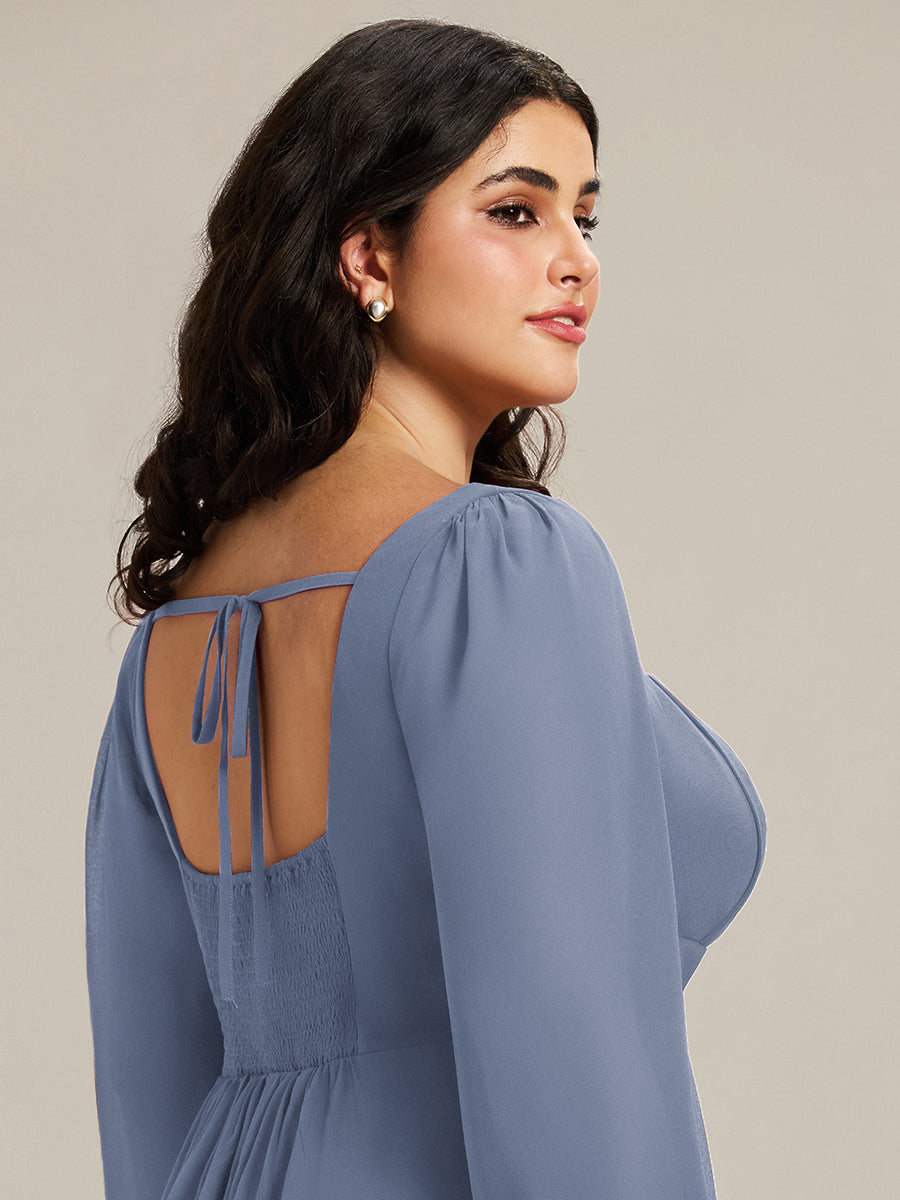 Color=Dusty Blue | Volume Discounts Long Sleeve Ruched A-Line Maxi Dress with Square Neck | Bridesmaid Dresses-Dusty Blue 28