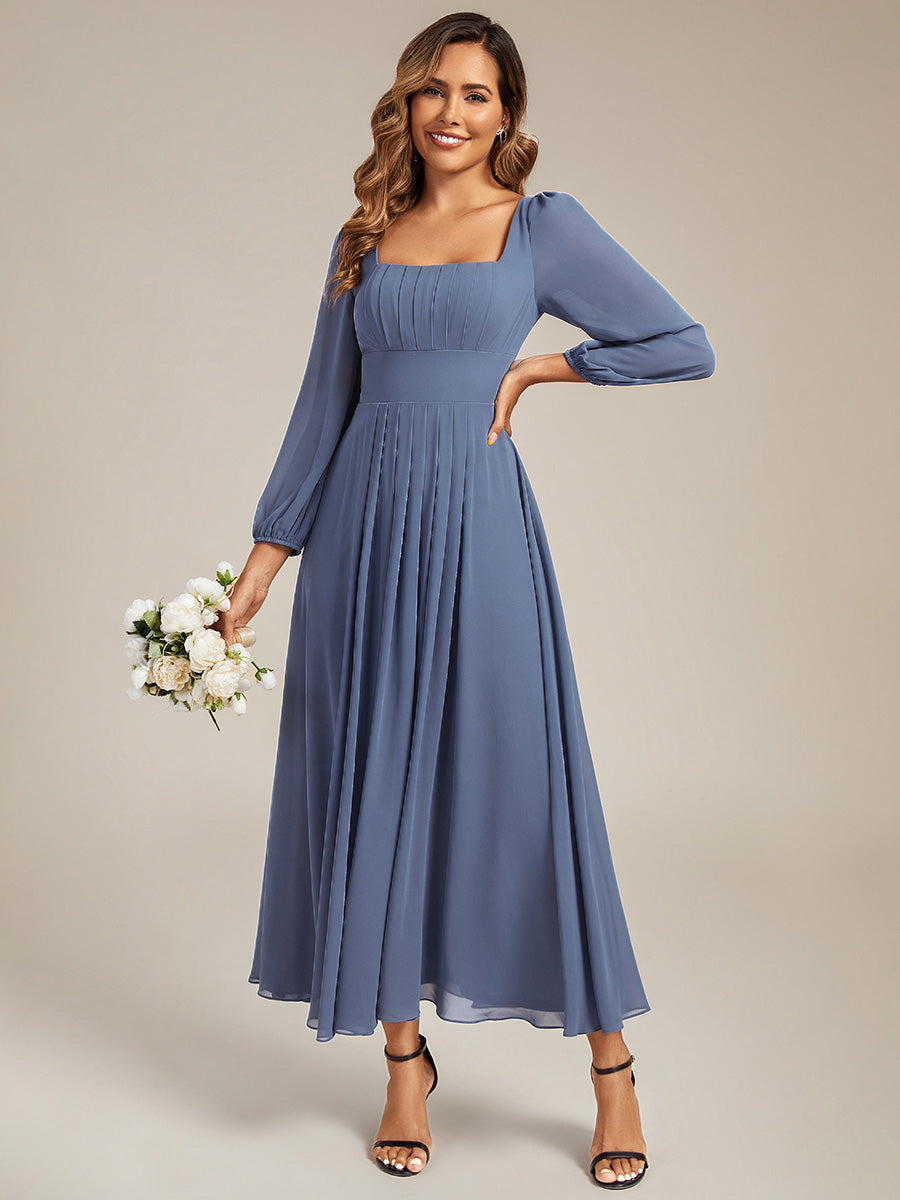Color=Dusty Blue | Volume Discounts Long Sleeve Ruched A-Line Maxi Dress with Square Neck | Bridesmaid Dresses-Dusty Blue 25