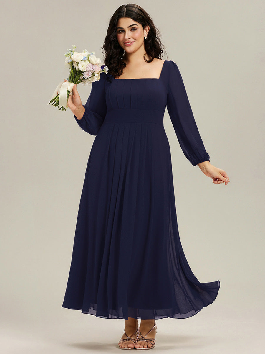 Color=Navy Blue | Wholesale Pricing Long Sleeve Ruched A-Line Maxi Dress with Square Neck | Bridesmaid Dresses-Navy Blue 6