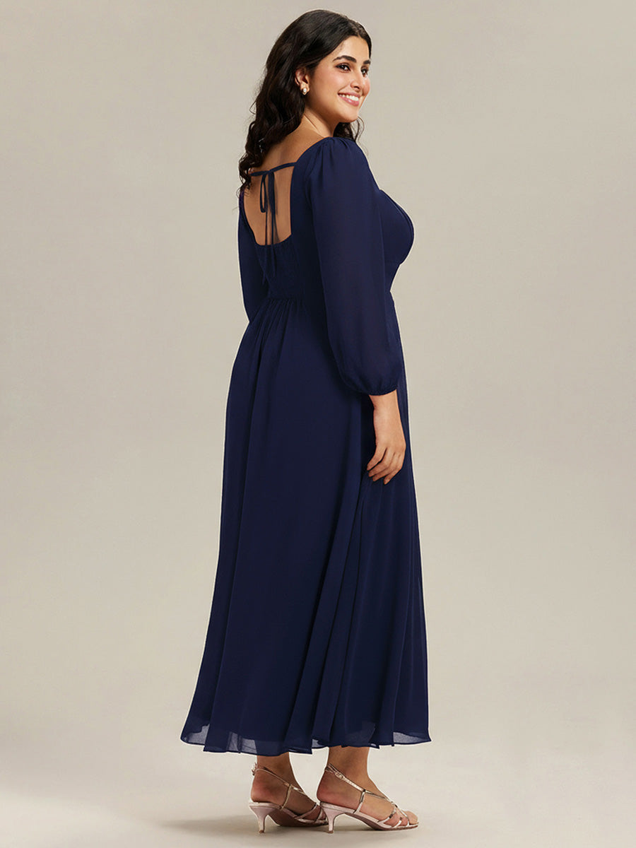 Color=Navy Blue | Wholesale Pricing Long Sleeve Ruched A-Line Maxi Dress with Square Neck | Bridesmaid Dresses-Navy Blue 7