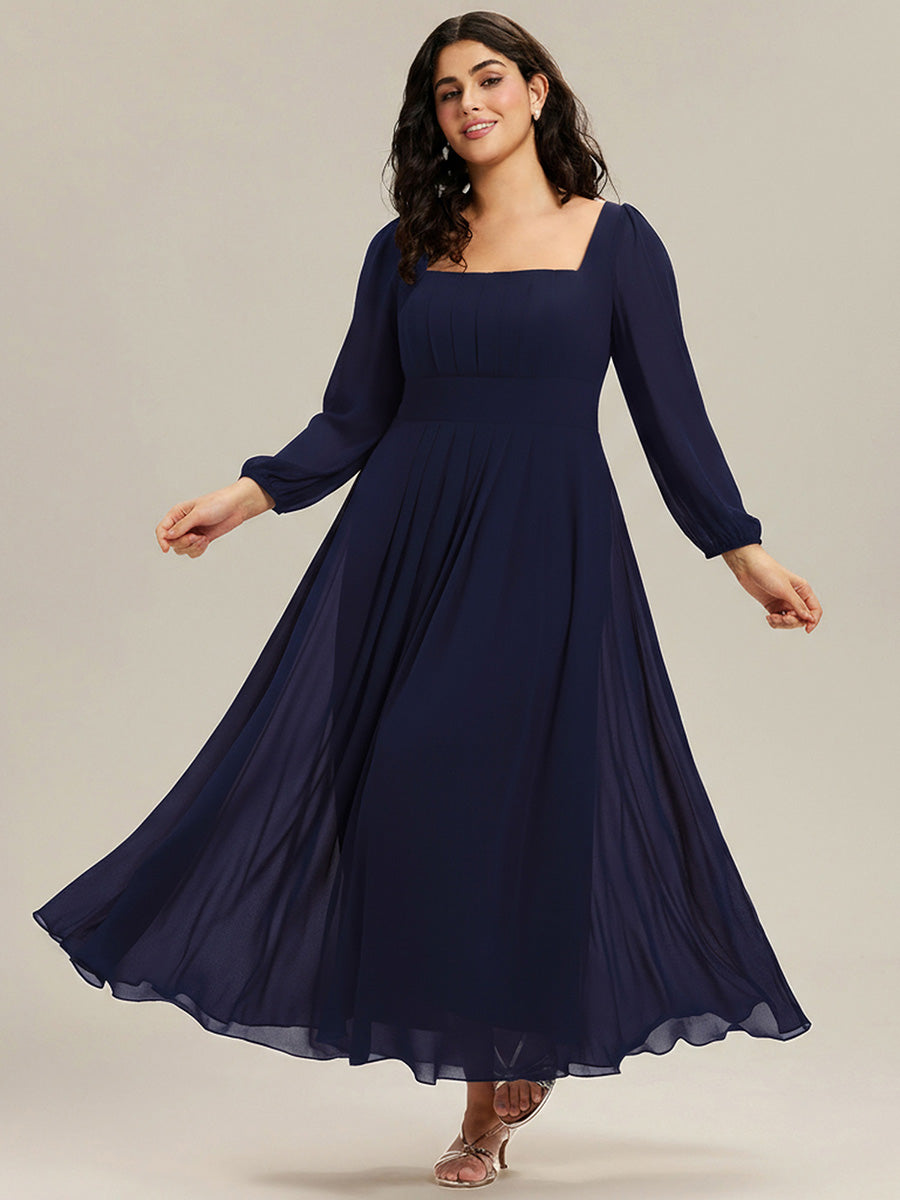 Color=Navy Blue | Wholesale Pricing Long Sleeve Ruched A-Line Maxi Dress with Square Neck | Bridesmaid Dresses-Navy Blue 9