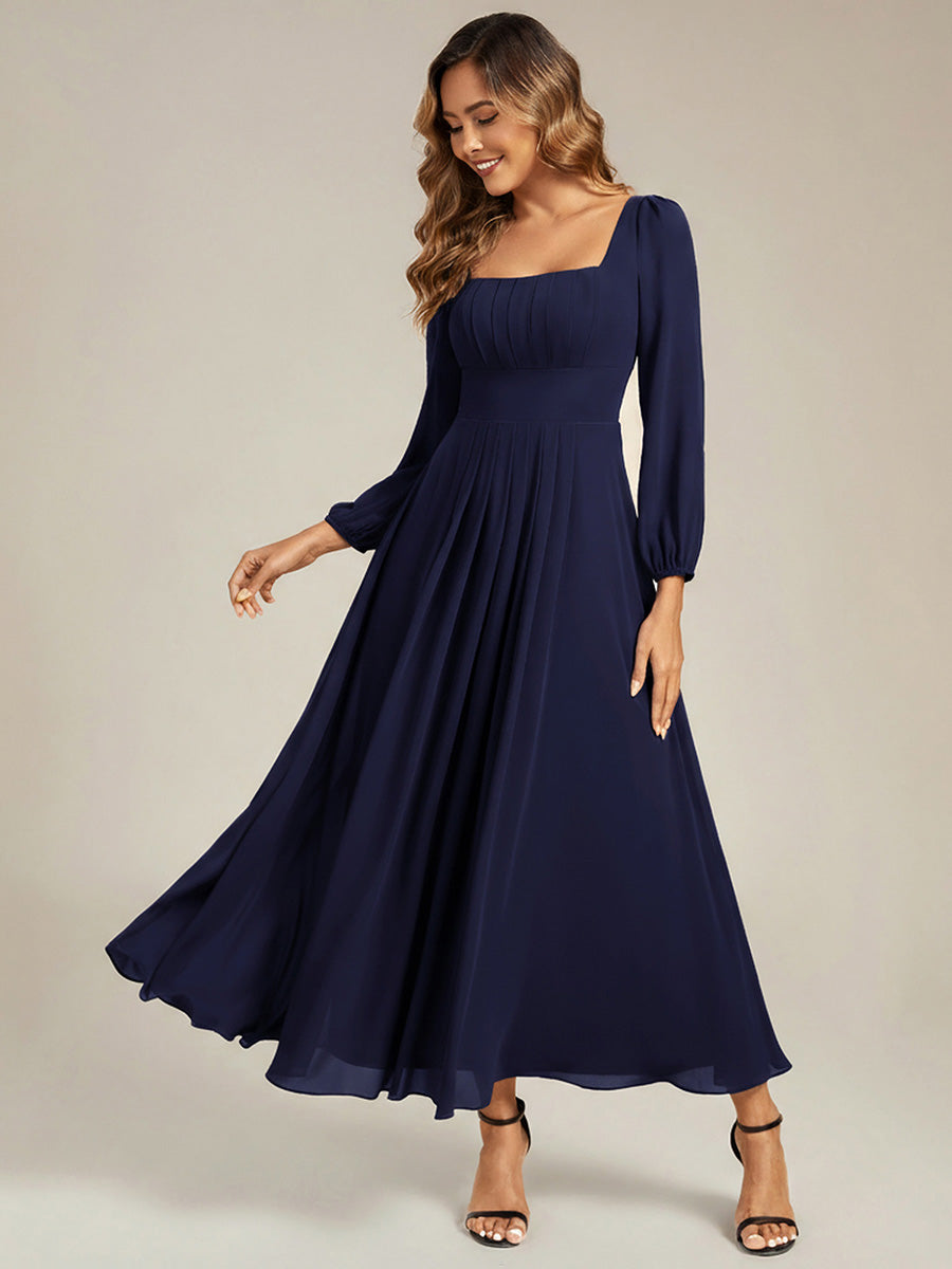 Color=Navy Blue | Wholesale Pricing Long Sleeve Ruched A-Line Maxi Dress with Square Neck | Bridesmaid Dresses-Navy Blue 1