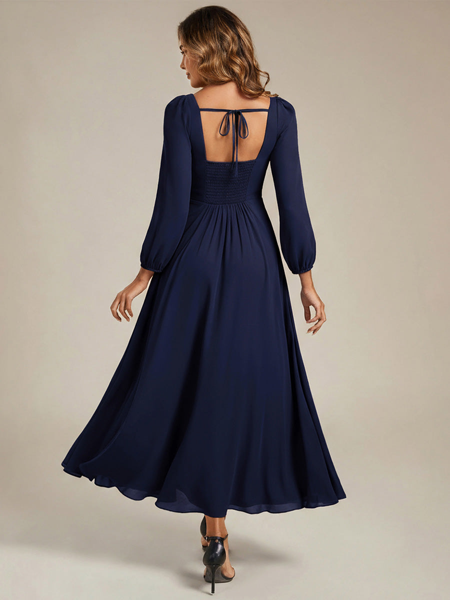 Color=Navy Blue | Wholesale Pricing Long Sleeve Ruched A-Line Maxi Dress with Square Neck | Bridesmaid Dresses-Navy Blue 2