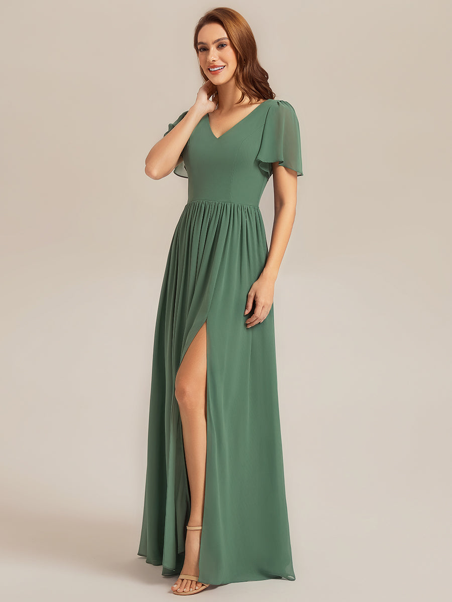 Color=Eucalyptus | Factory Design Short Sleeve V-Neck Backless A-Line Floor Length Bridesmaid Dresses-Eucalyptus 4
