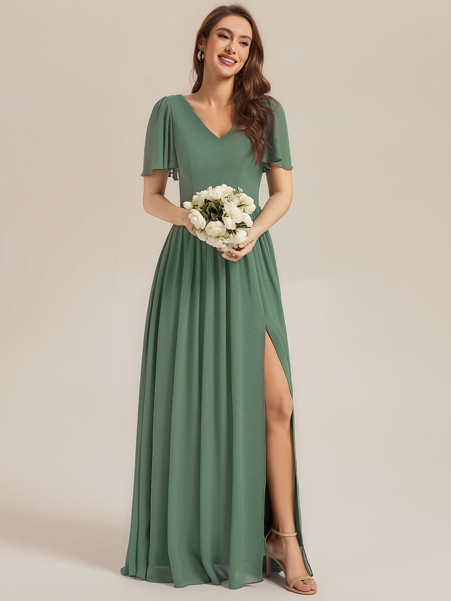 Color=Eucalyptus | Factory Design Short Sleeve V-Neck Backless A-Line Floor Length Bridesmaid Dresses-Eucalyptus 5