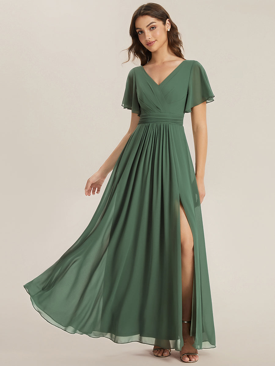 Color=Eucalyptus | B2B-Exclusive Short Sleeve V-Neck A-Line Floor Length Dress with Thigh-High Slit, Bridesmaid Dresses-Eucalyptus 1
