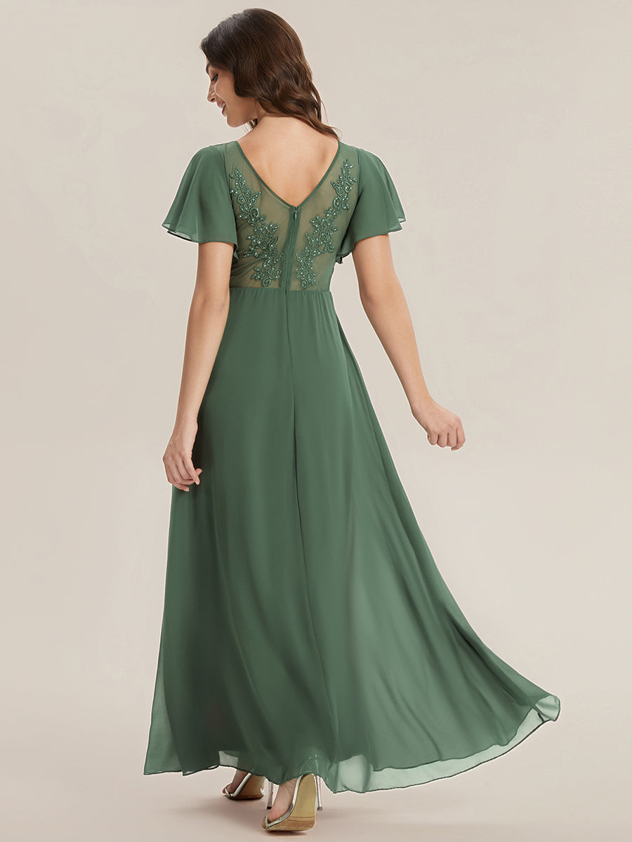 Color=Eucalyptus | B2B-Exclusive Short Sleeve V-Neck A-Line Floor Length Dress with Thigh-High Slit, Bridesmaid Dresses-Eucalyptus 2