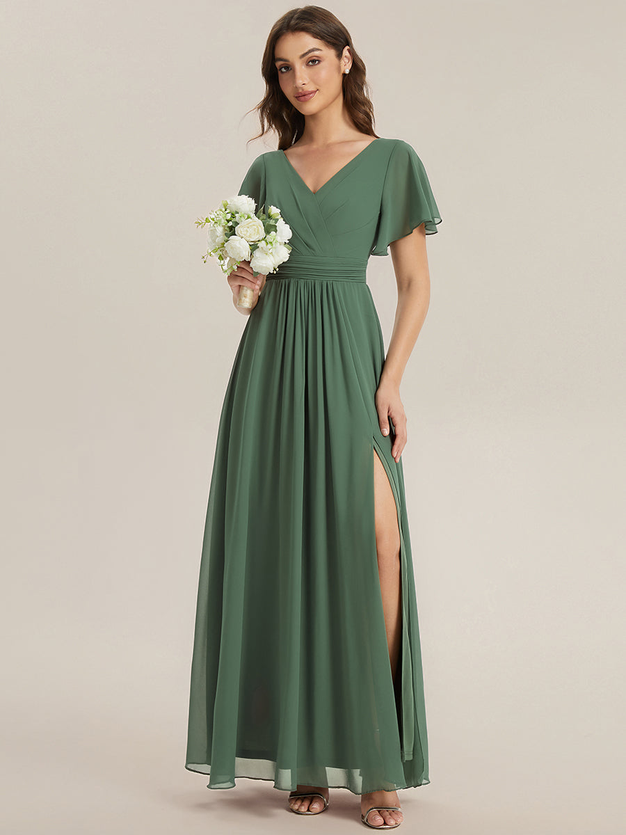 Color=Eucalyptus | B2B-Exclusive Short Sleeve V-Neck A-Line Floor Length Dress with Thigh-High Slit, Bridesmaid Dresses-Eucalyptus 5
