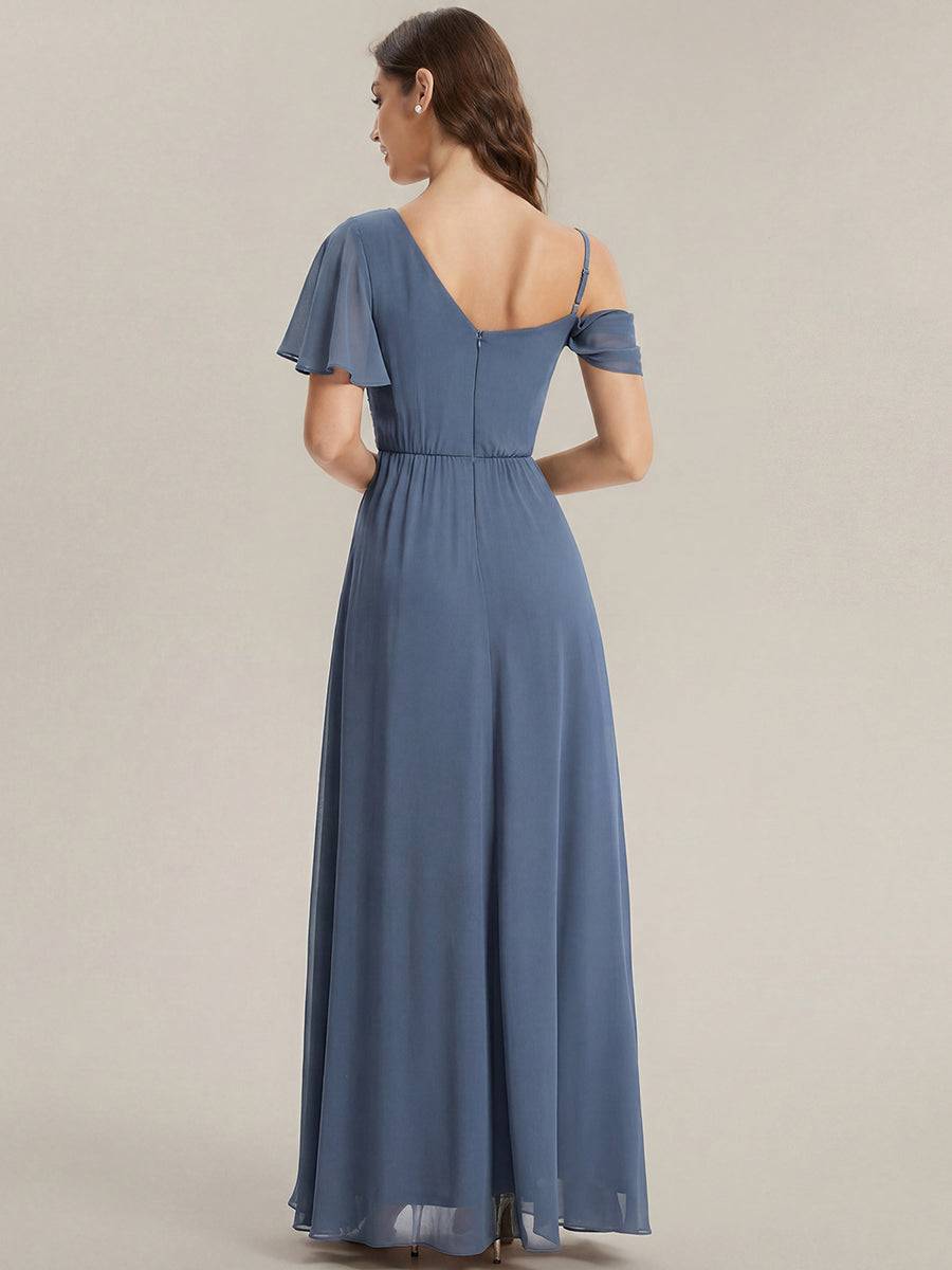 Color=Dusty Blue | B2B-Exclusive Short Sleeve Asymmetrical Sequin A-Line Maxi Bridesmaid Dresses-Dusty Blue 2