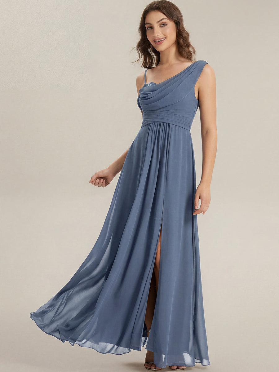Color=Dusty Blue | B2B-Exclusive Short Sleeve Asymmetrical Sequin A-Line Maxi Bridesmaid Dresses-Dusty Blue 4