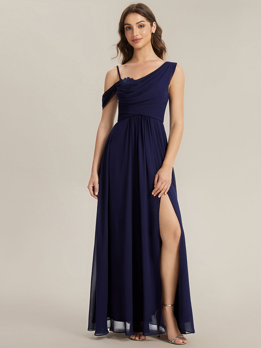Color=Navy Blue | Wholesale Short Sleeves Asymmetrical Sequin A-Line Floor Length Bridesmaid Dresses-Navy Blue 11