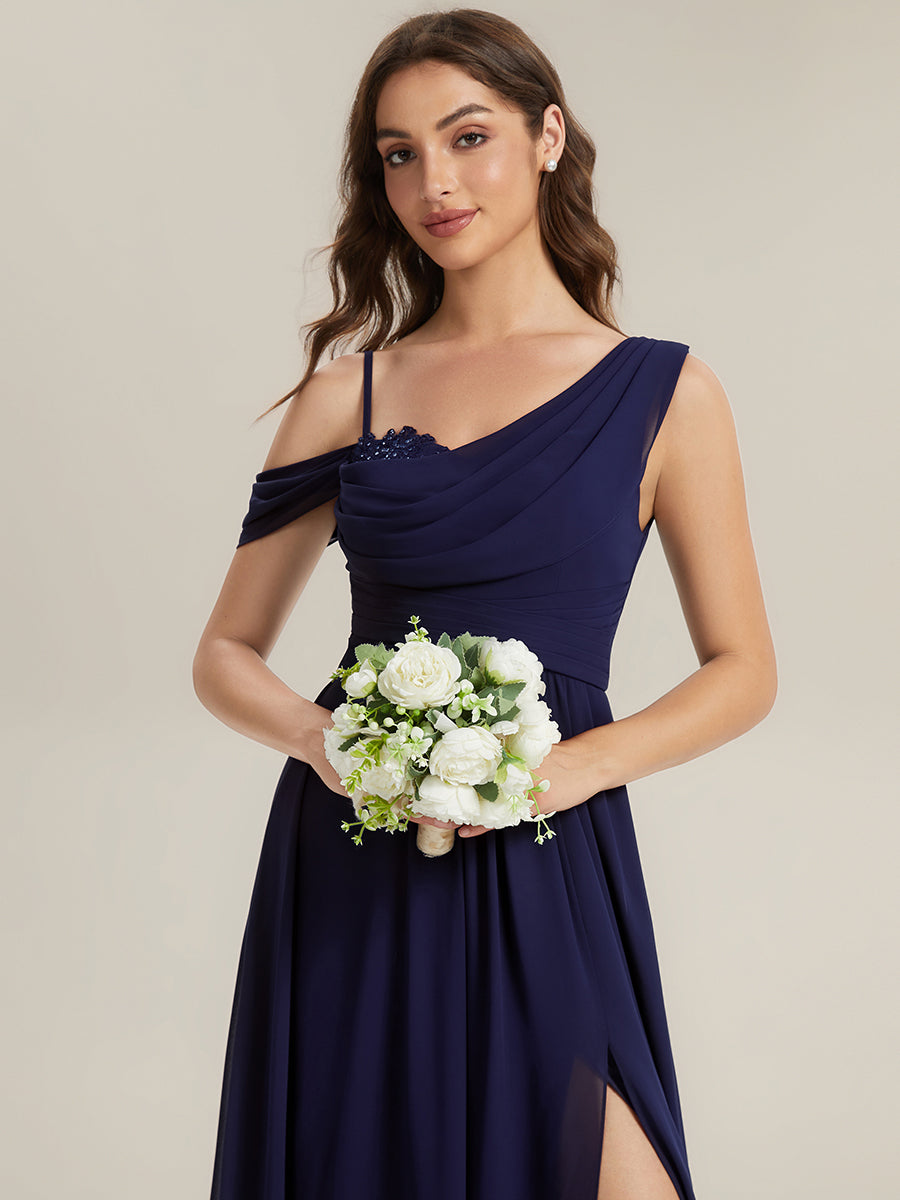 Color=Navy Blue | Wholesale Short Sleeves Asymmetrical Sequin A-Line Floor Length Bridesmaid Dresses-Navy Blue 13