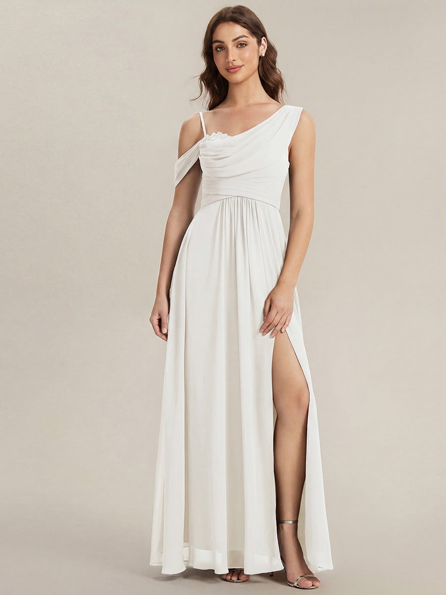 Color=White | B2B-Exclusive Short Sleeve Asymmetrical Sequin A-Line Maxi Bridesmaid Dresses-White 26