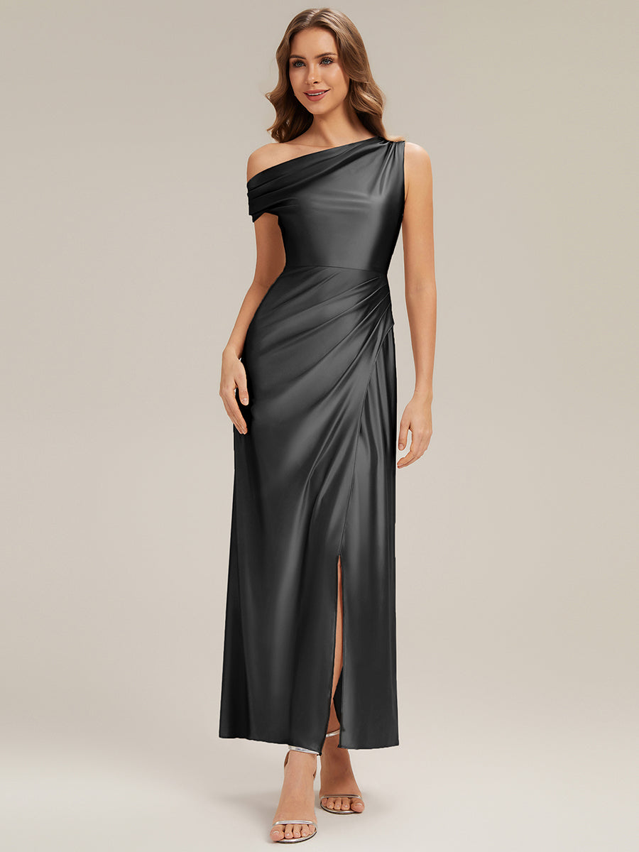 Color=Black | B2B-Exclusive Short Sleeve One Shoulder High Stretch Sheath Maxi Bridesmaid Dresses-Black 1
