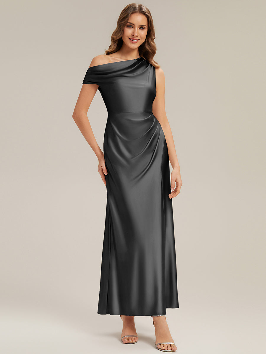 Color=Black | B2B-Exclusive Short Sleeve One Shoulder High Stretch Sheath Maxi Bridesmaid Dresses-Black 4