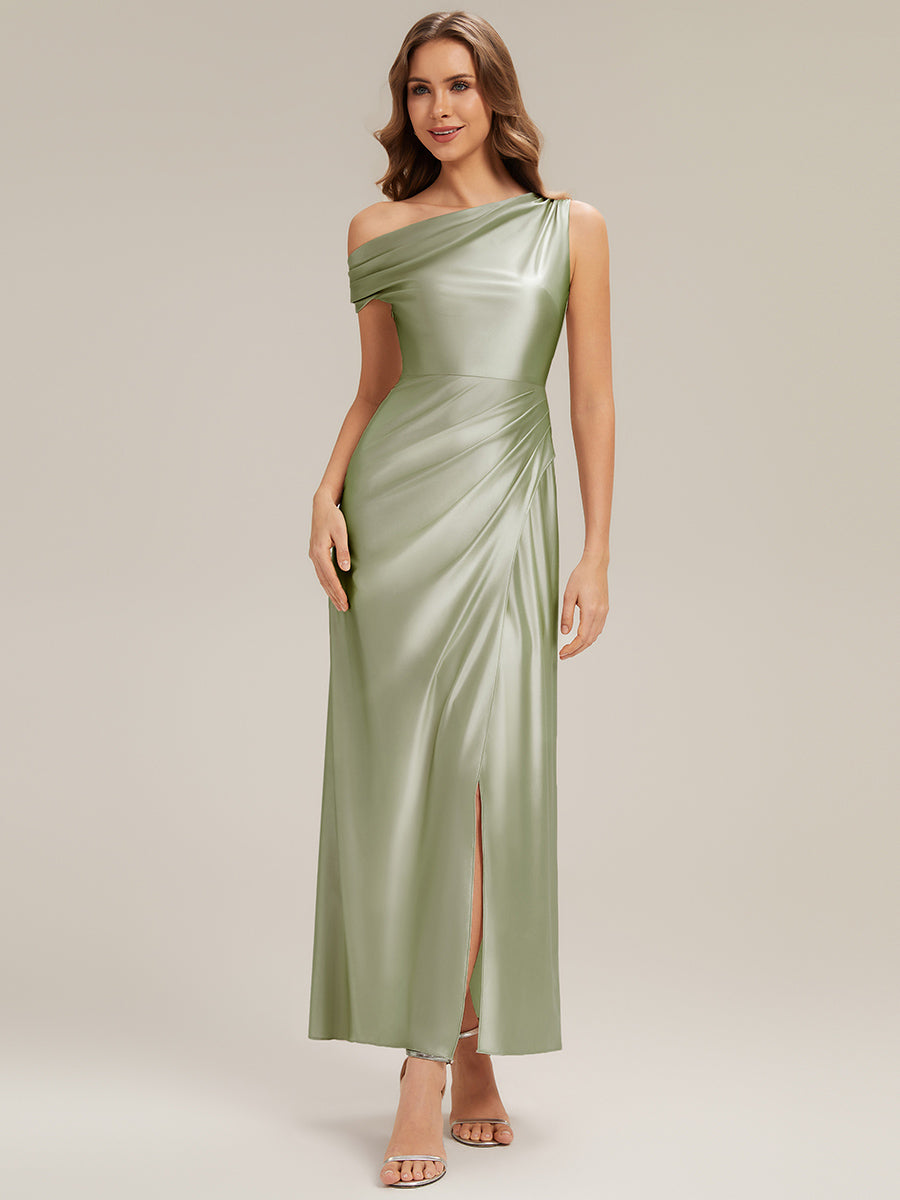 Color=Sage Green | Wholesale Short Sleeve Asymmetrical High Stretch Sheath Dress with Thigh-High Slit Bridesmaid Dresses-Sage Green 1