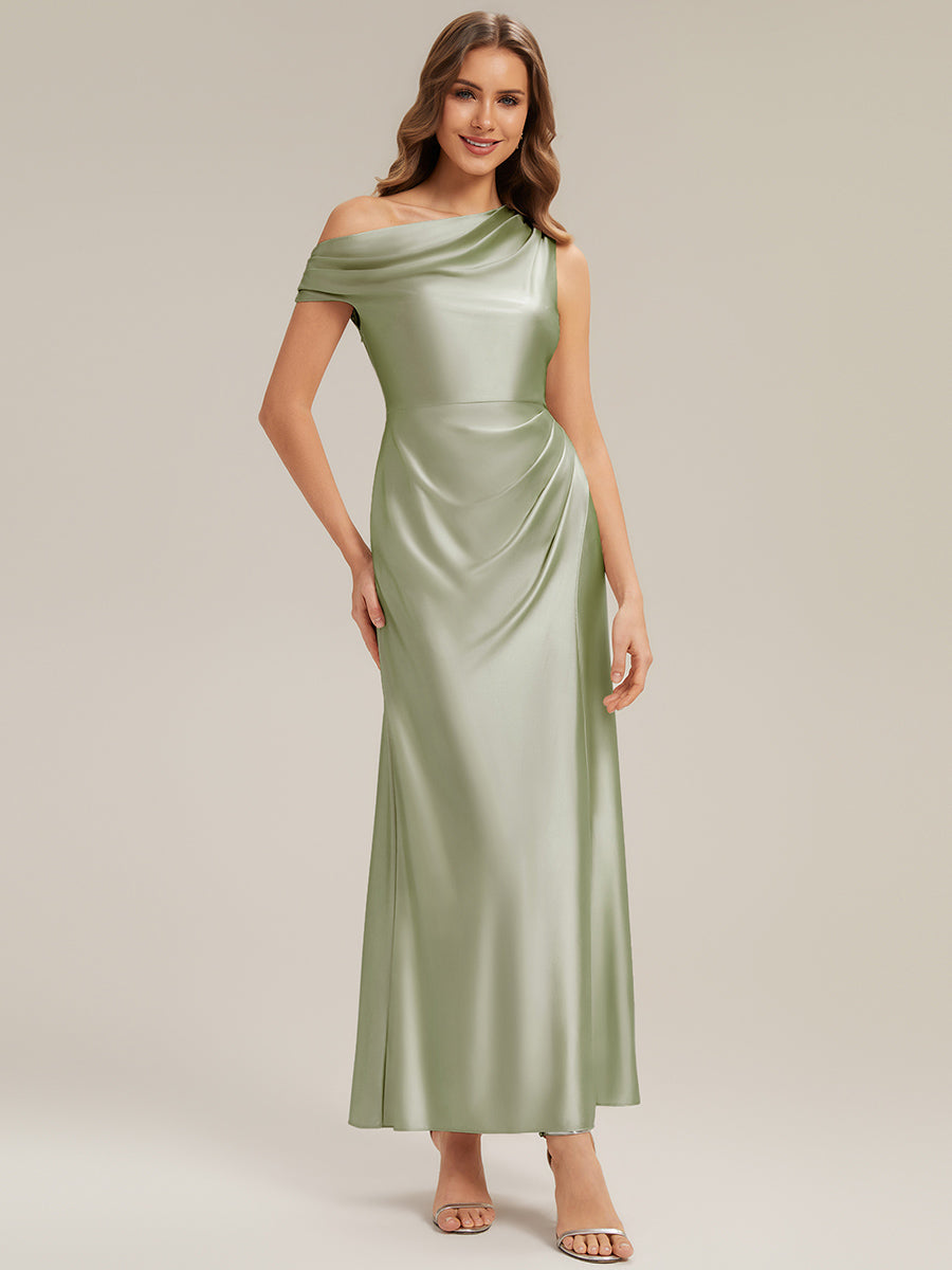 Color=Sage Green | Wholesale Short Sleeve Asymmetrical High Stretch Sheath Dress with Thigh-High Slit Bridesmaid Dresses-Sage Green 4