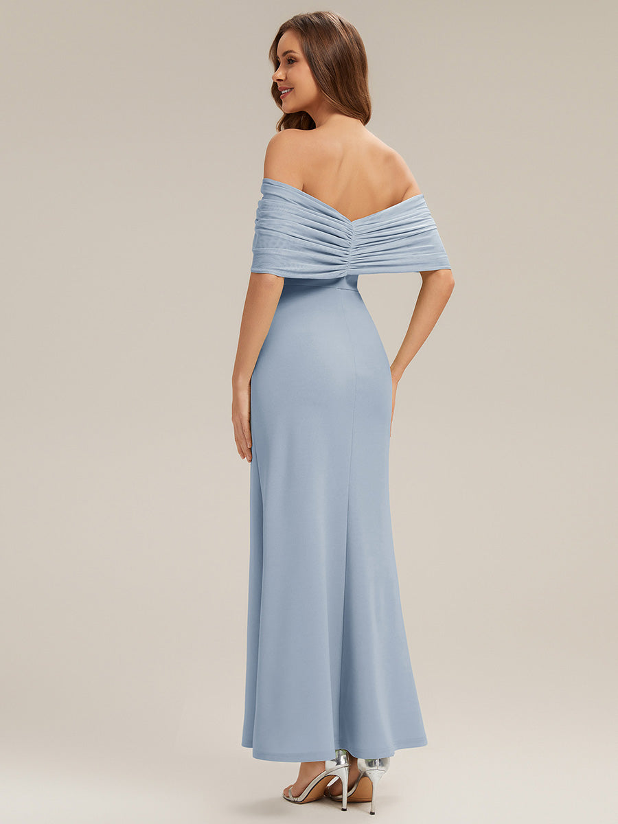 Color=Ice Blue | Bulk Order Short Sleeve High Stretch Sheath Strapless Floor Length Dress with Slit & Bowknot Bridesmaid Dresses-Ice Blue 5