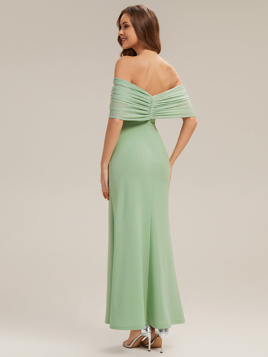 Color=Mint Green | Bulk Order Short Sleeve High Stretch Sheath Strapless Floor Length Dress with Slit & Bowknot Bridesmaid Dresses-Mint Green 10