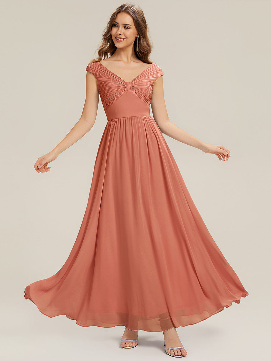 Color=Coral Pink | Commercial Wholesale Sleeveless Off Shoulder Deep V-Neck Pleated A-Line Floor Length Bridesmaid Dresses-Coral Pink 1