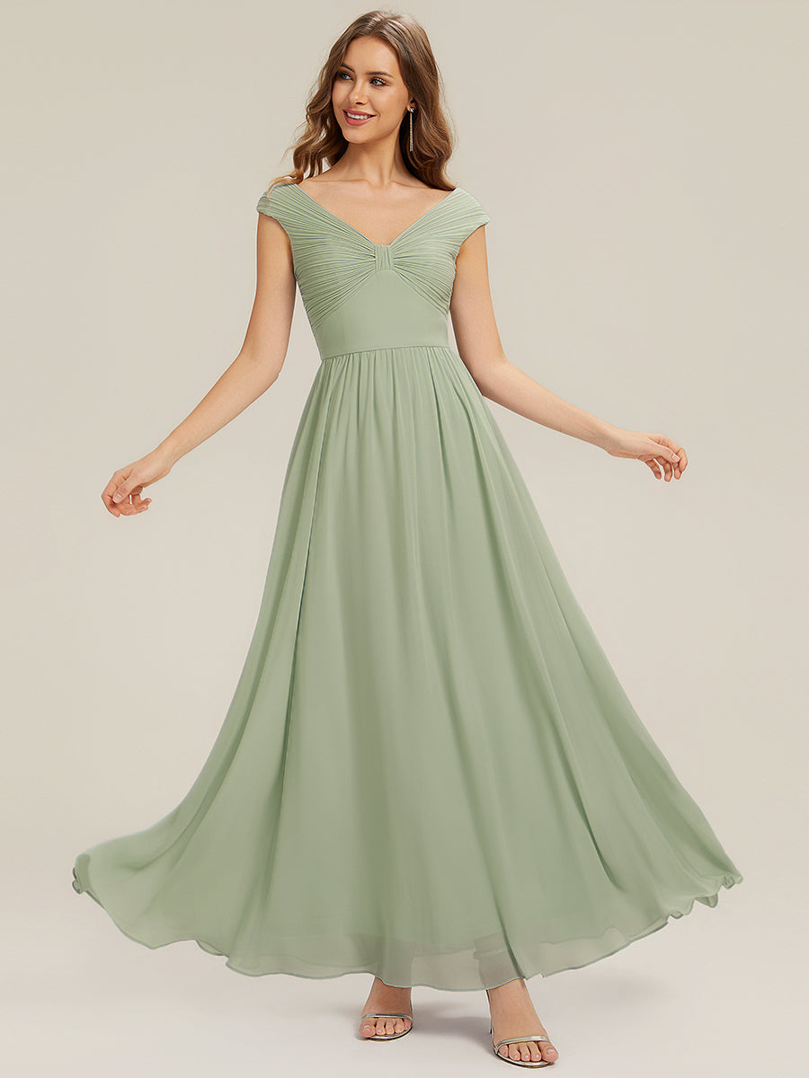 Color=Mint Green | Commercial Wholesale Sleeveless Off Shoulder Deep V-Neck Pleated A-Line Floor Length Bridesmaid Dresses-Mint Green 11