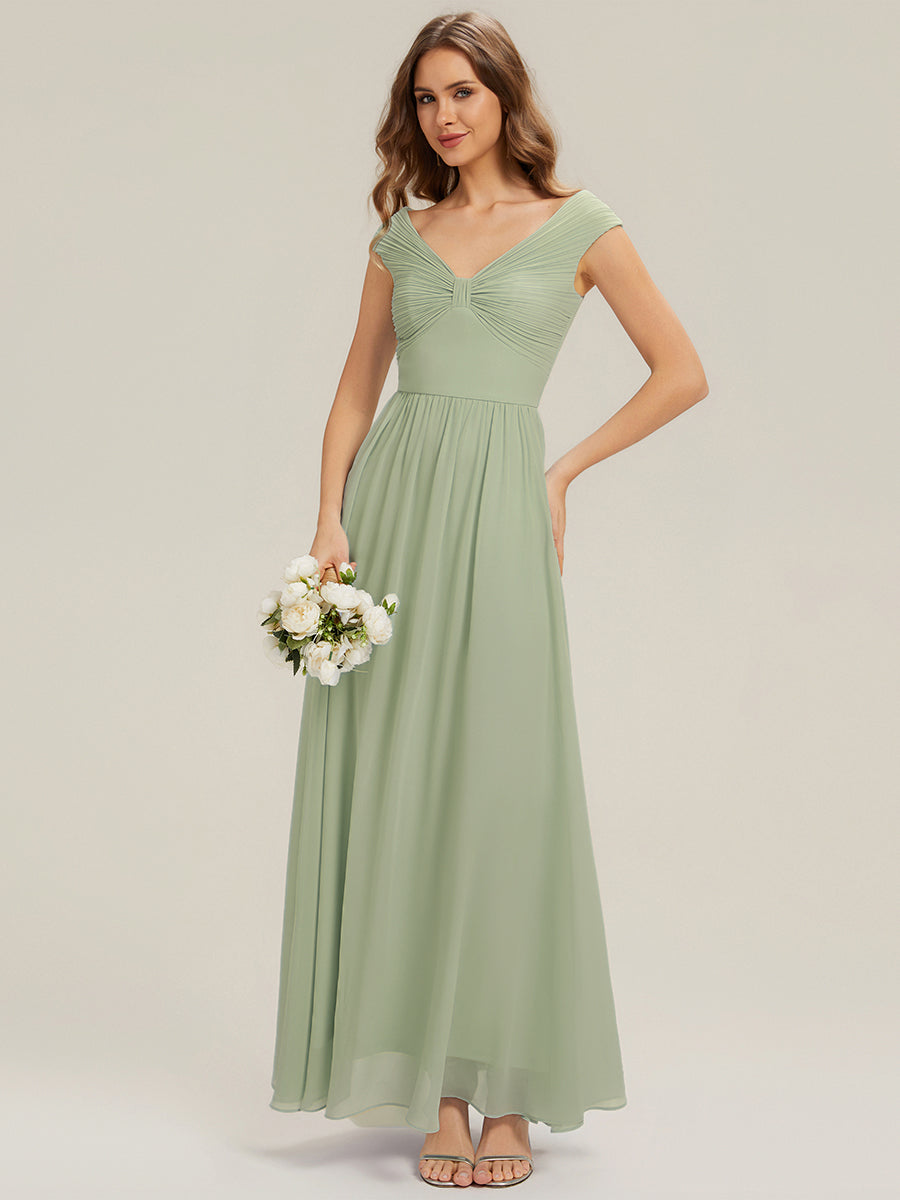Color=Mint Green | Commercial Wholesale Sleeveless Off Shoulder Deep V-Neck Pleated A-Line Floor Length Bridesmaid Dresses-Mint Green 14