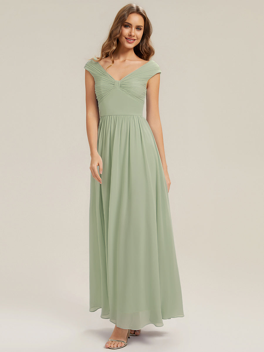 Color=Mint Green | Commercial Wholesale Sleeveless Off Shoulder Deep V-Neck Pleated A-Line Floor Length Bridesmaid Dresses-Mint Green 15