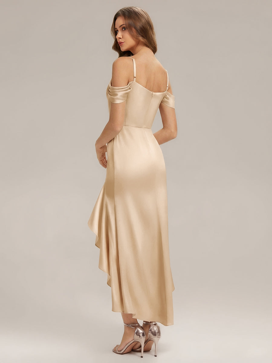 Color=Champagne | B2B-Exclusive Short Sleeve Cowl Neck Fishtail High-Low Bridesmaid Dresses-Champagne 2
