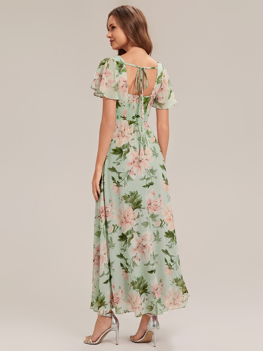 Color=Light Green Floral | Fast Delivery Short Sleeve Ruffle Backless Ruched A-Line Floor Length Bridesmaid Dresses-Light Green Floral 2