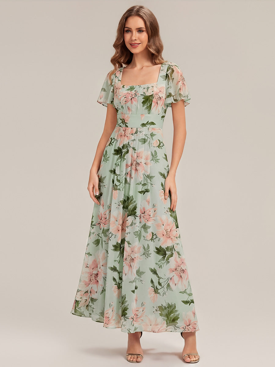 Color=Light Green Floral | Fast Delivery Short Sleeve Ruffle Backless Ruched A-Line Floor Length Bridesmaid Dresses-Light Green Floral 4